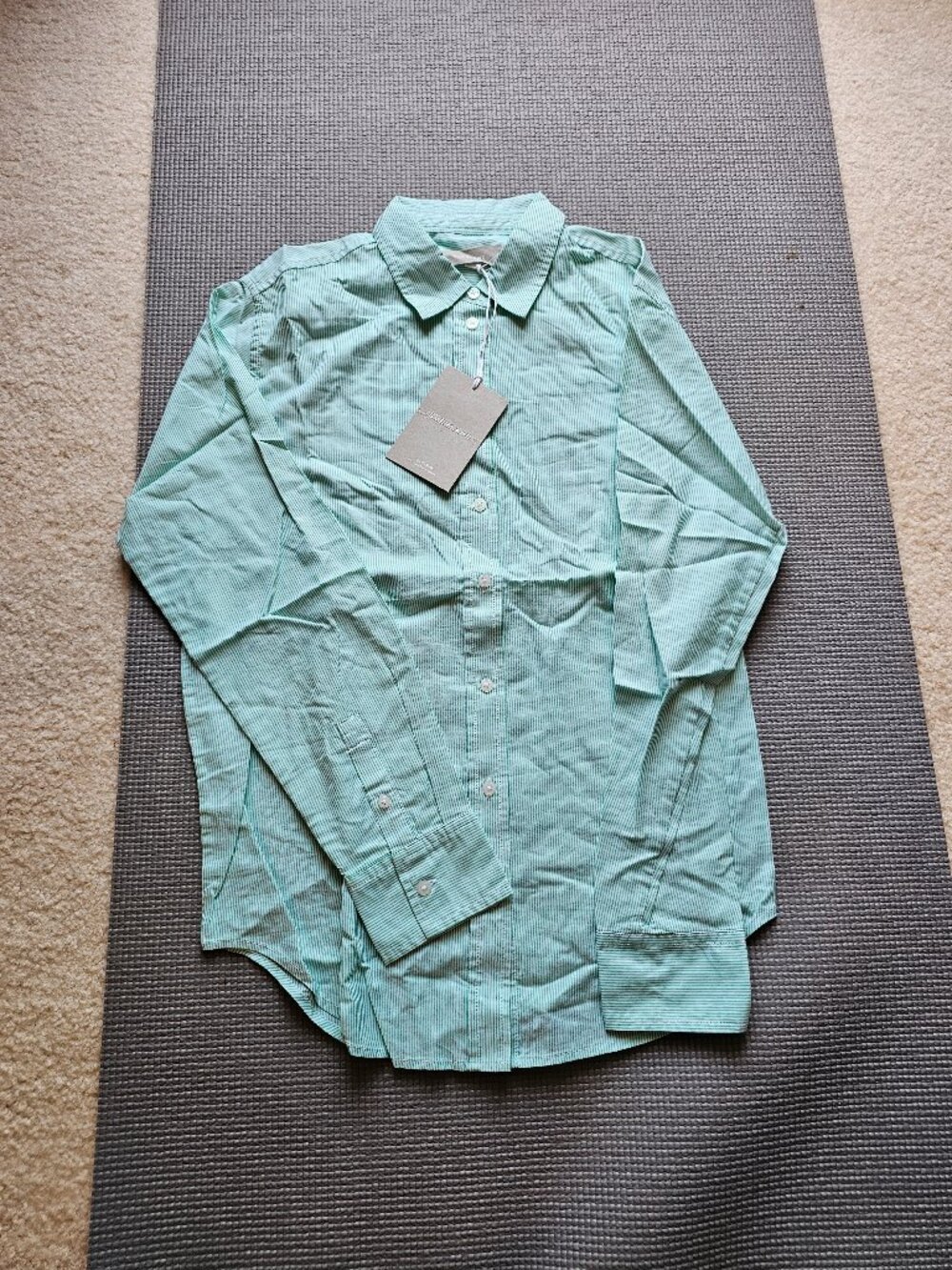 Everlane women's silk cotton shirt long sleeve green with white strips size 2